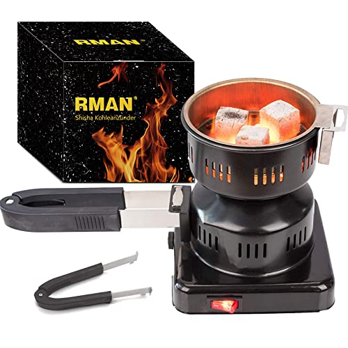 RMANÂ® Hornillo Cachimba Electrico 600 W con Accesorios Premium Incluyendo Cesta de CarbÃ³n ExtraÃ­ble, Mango MultifunciÃ³n, Cable de 150 cm y Pinzas para Shisha Hookah, Barbacoa – Negro