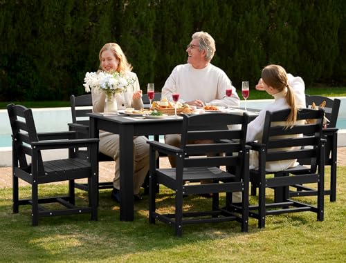 Image of SERWALL 59 inch HDPE Outdoor Dining Set for 6, w / 1 Table & 6 Armchairs, Black