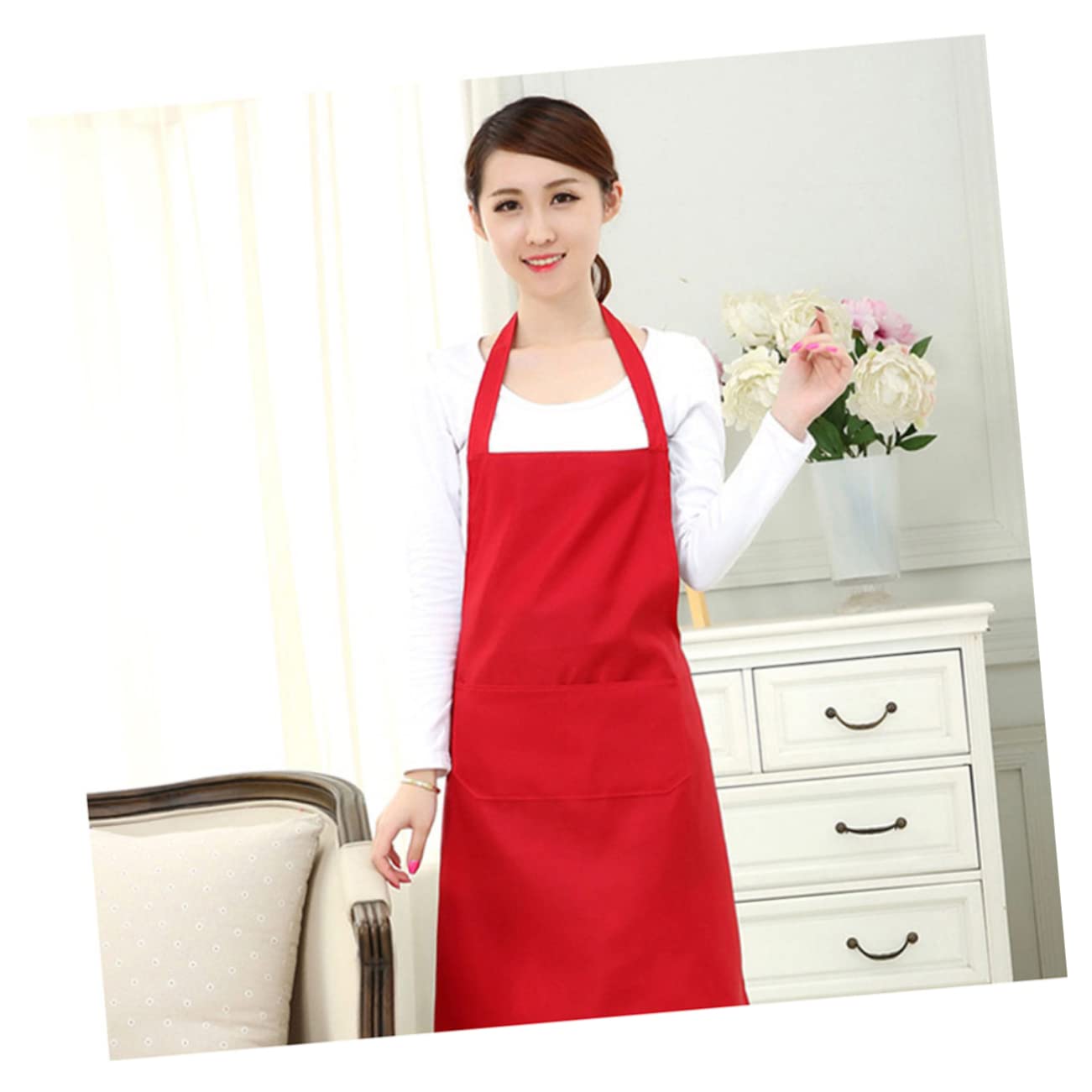 LALADEFIEE Restaurant Home Waterproof Apron Red 60x70cm Halter Neck Storage Pockets