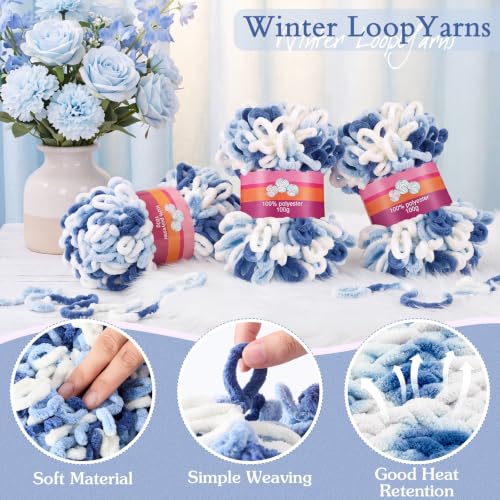 Image of Threlaco Finger Loops Yarn Bulk Soft Chunky Yarn 600 G / 6 Skeins for Mothers Day Beginners Knitting No Needles or Hooks (White, Light Blue, Dark Blue,6 Pack)