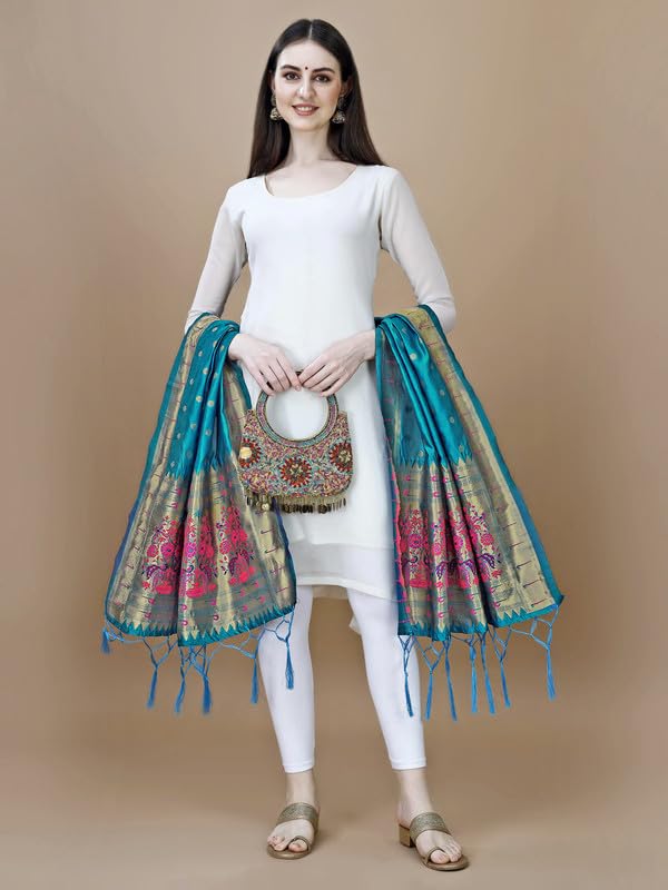 Image of DEVANGI Women's Woven Banarasi Silk Dupatta /Chunni For Women, Floral Print 1 Meter Wide and 2.3 Meter Length Printed Designer Dupatta /Chunni For Girls