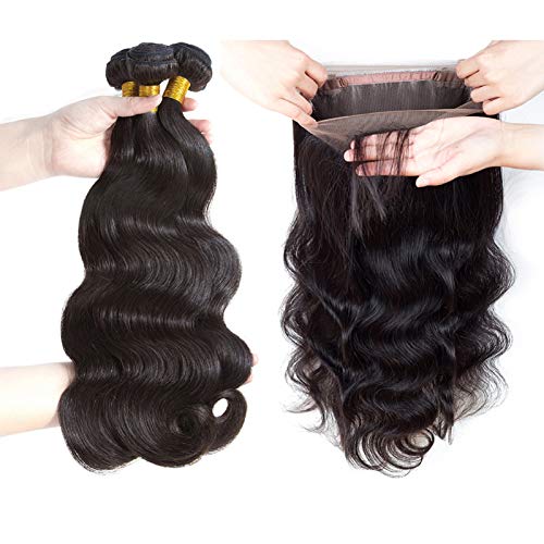 Sweetie Hair Body Wave 360 Lace Frontal with Bundles Brazilian Human Hair 3 Bundles with 360 Frontal Closure Pre Plucked Baby Hair Natural Color (12 14 16+10)