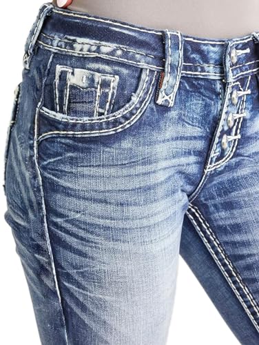 Flamingals Women's Mid Waisted Button Fly Straight Leg Front Jeans Topstitching Ripped Casual Denim Pants4