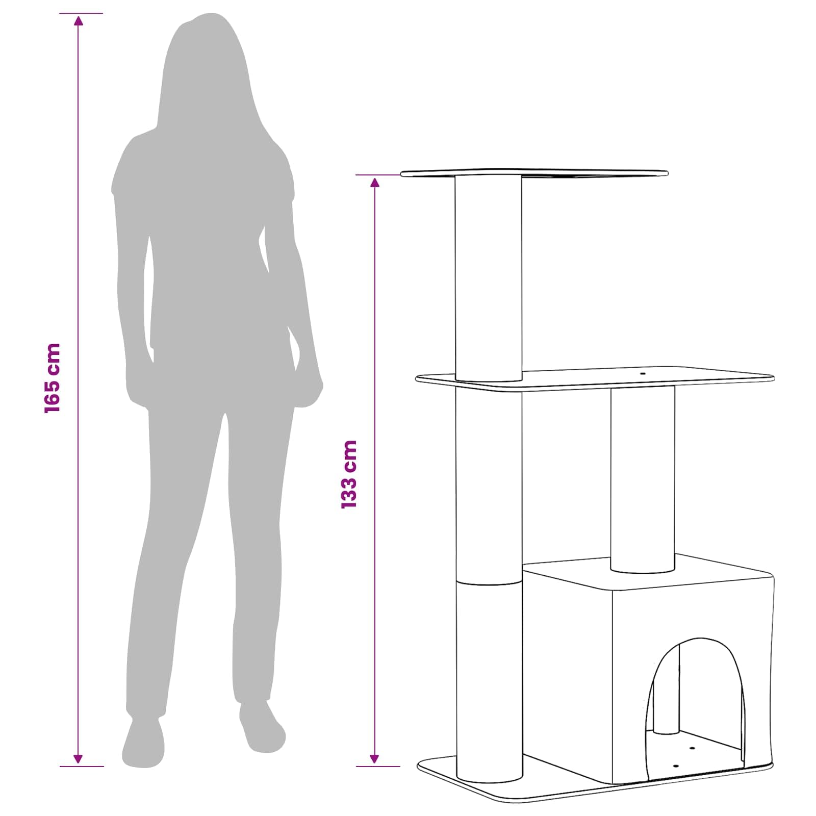 Kratzbaum mit Sisal-Kratzsäulen 133 cm Hellgrau - Stabiler Katzenbaum mit Katzenhöhle, Kletterbaum aus Holz und Plüsch für Katzen, Maße 69 x 43 x 133 cm