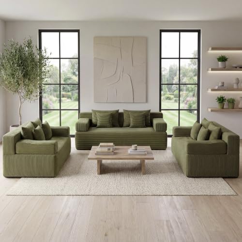 Image of MONVANE 3-Piece Boneless Loveseat Couch Set for Living Room, Oversized Modular Sectional Sofa Set with Removable Armrests, Comfy Corduroy Cloud Couch with 12 Pillows, No Assembly Required, Green