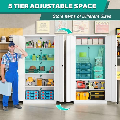 Image of SISESOL Wide & Deep Metal Storage Storage Cabinet with Adjustable Shelves,White Metal Cabinet with Lock,Steel Pantry Cabinets,72 inch Lockable Cabinets for Home,Office,Garage,Kitchen,Shop