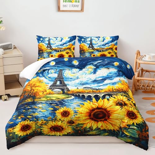 Image of AILONEN Yellow Sunflower Bedding Set Full Size,Eiffel Tower Comforter Set for Girls Women,Oil Style Flowers Floral Van Gogh Quilt with 2 Pillowcase,3Pcs