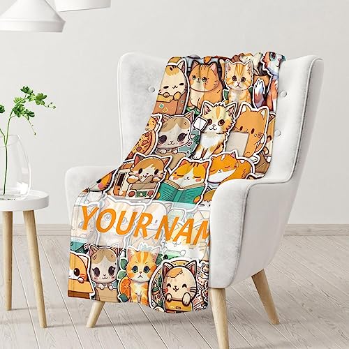 Personalized Cat Blanket Gifts with Name - 30"x40" Cute Throw for Kids & Adults - Yellow Soft Fuzzy Blankets for Couch & Office