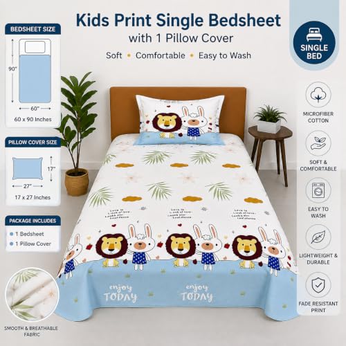 Image of COZY FURNISH Soft Single Bedsheet with 1 Pillow Cover, 60 x 90 Inches, Comfortable Microfiber Cotton Bedding for Bedroom