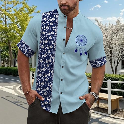 Men's Ethnic Button Down Shirt, Ethnic Print Hawaiian Short Sleeve Retro Casual Stand Collar Shirt with Pocket4
