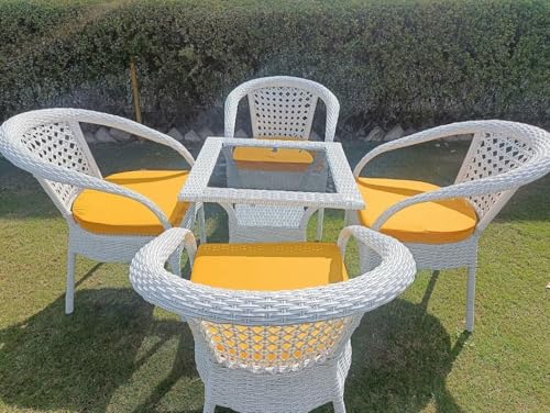 Image of PRATHAM India Patio 4+1 Furniture Set Bistro Set Porch Backyard Garden Outdoor Furniture Rattan Chairs and Table Wicker Conversation Set (White with Black Lines, Yellow Cushion 4+1 Square Table)
