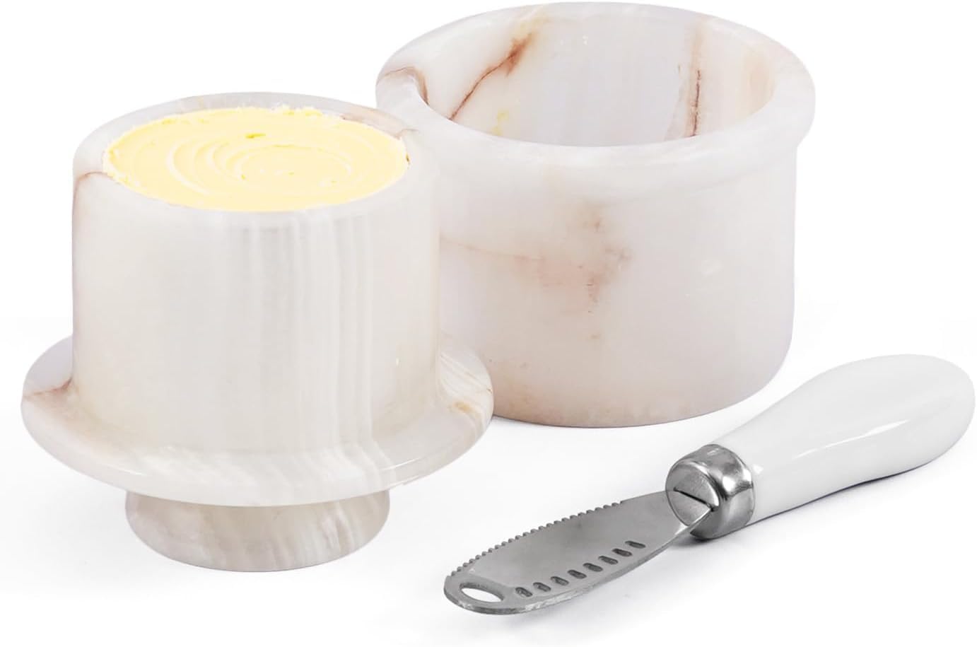 EarthenTones Marble Butter Keeper with Lid and Knife, French Butter Crock and Small Dish for Spreadable Butter, Elegant Kitchen Decor and Handmade Table Accessory