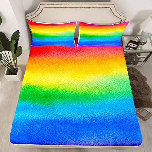 Regenbogen-bedrucktes Bettlaken-Set, abstraktes Aquarell-Spannbetttuch, pastellfarbiges Bettwäsche-Set für Kinder, Teenager, luxuriöse Raumdekoration, 1 Kopfkissenbezug), Doppelbett-Größe - Image 3