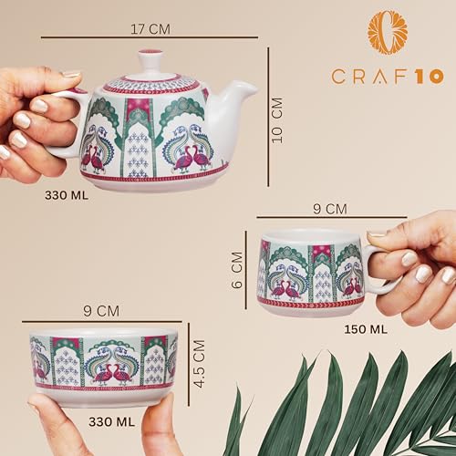 Image of CRAF10 Ceramic Handcrafted Flora and Fauna Small Tea Set - 1 Kettle (350 ML), 2 Cups (160 ML), 1 Bowl (for Sugar or Snacks), 1 Tray | Microwave & Dishwasher Safe | Teapot | Gifting Option