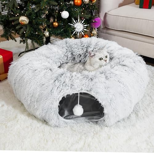 LVUVXVAV Cat Tunnel Bed for Indoor Cats Under Christmas Tree Skirt Donut Tunnel Toys for Multiple & Large Cats Bed Cave Hideaway for Kitten Rabbit Puppy Gray