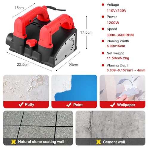 Rascador eléctrico de pintura de pared, pala de hormigón de pared de mano con cuchillas de acero, 1-4 mm de profundidad, 6 anchos para eliminación de pintura y masilla, herramientas de reparación de