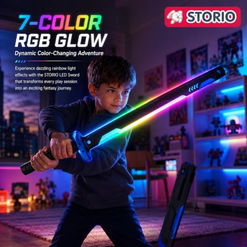 Image of Storio LED Light Up Toy Sword with Scabbard, RGB Color Changing Glowing Blade, Smoke Effect on Draw, USB Type-C Rechargeable Light Sword, Role Play Toy for Kids Boys Girls