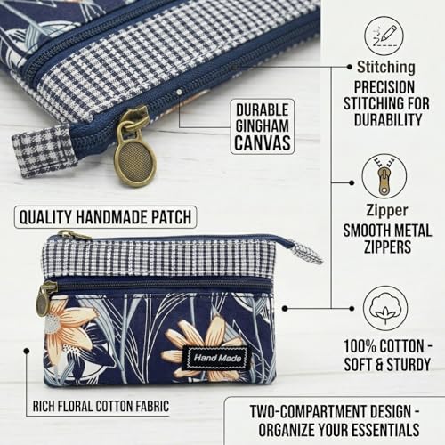 Image of Women Small Zipper Coin Purse, Handmade Fabric Flower Embroidered Change Pouch, Cotton Double Zipper Wallet