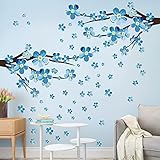 3D Blue Plum Blossom Wall Stickers, Birds and Flowers Pastoral Style Wall Decals,Girls Bedroom Wall...
