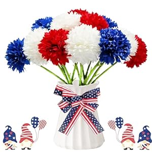 Tinsow 12 pcs Artificial Flower Patriotic Memorial Bouquet Red White and Blue Faux Ball Chrysanthemum Bouquet 4th of July Flowers Silk Flowers Arrangement for Home Party Centerpiece Vase Decor