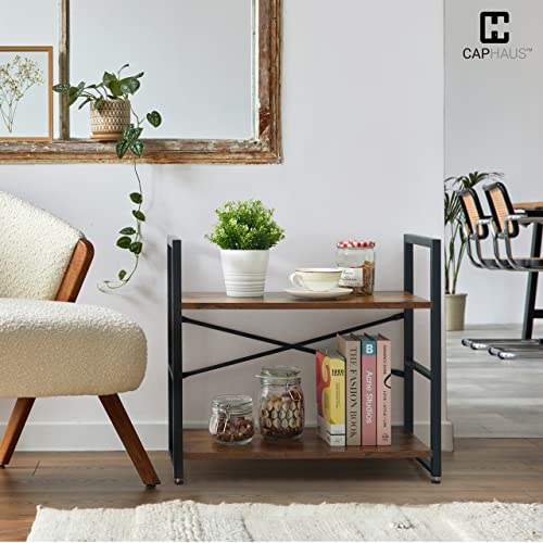 Image of CAPHAUS 2 Tier Small Bookshelf, 24 Inch Width Free Standing Shelf, Bookcase Shelf Storage Organizer, Industrial Book Shelves for Home Office, Living Room, Rustic Oak Vintage Shelves & Metal Frame