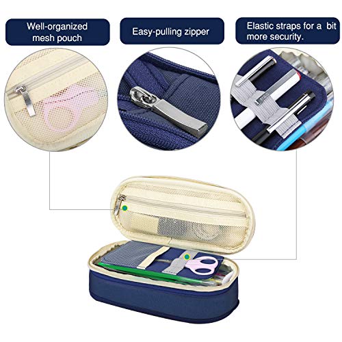 Image of MoKo Pencil Pen Marker Case, Storage Bag Pouch Stationery Organizer with Zippers for Office /School Supplies, Beige & Indigo