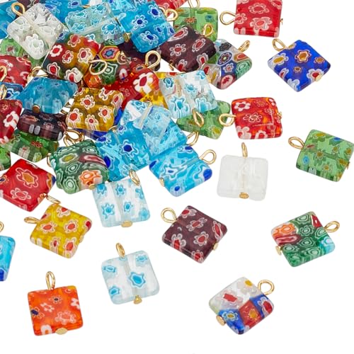 PH PandaHall 50 Colgantes Cuadrados de Cristal de Murano Millefiori, Espaciadores Coloridos para Decoración Artesanal, 2mm, Vidrio, No Es una Piedra Preciosa