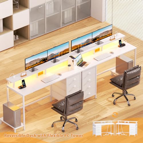 Furologee 55" White Computer Desk with 4 Fabric Drawers & Monitor Stand, Gaming Desk with Power Outlets - LED Lights, Home Office Space-Saving Study Table for Bedroom Small Spaces