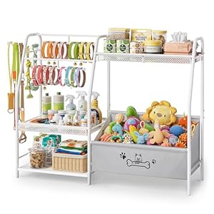 Large Dog Toy Basket with Dog Storage Organizer, Trapezoid Dog Toy Bin Box with Collar Leash Holder Hook, Dog Toy Holder Chest Pet Storage Cabinet for Living Room, Dog Essentials for Dog Lovers Gifts