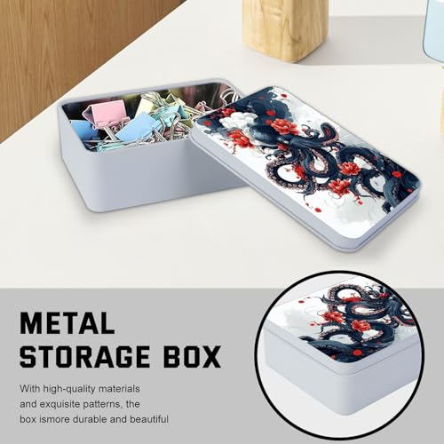 Image of Metal Tin Box with Lid for Game Cards Home Organizer Candles Keys Crafts Storage - Equipped with 4 Magnetic Cord Clips，Octopus and Red Flower