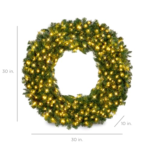 Image of Best Choice Products 30in Large Artificial Pre-Lit Fir Christmas Wreath Holiday Accent Decoration w / 100 LED Lights, 220 PVC Tips