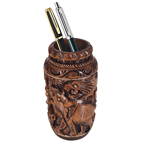 Image of Craft Trade 13x6 Cm Round Hand Carved Wooden Pen Pot Holder - Dark Brown