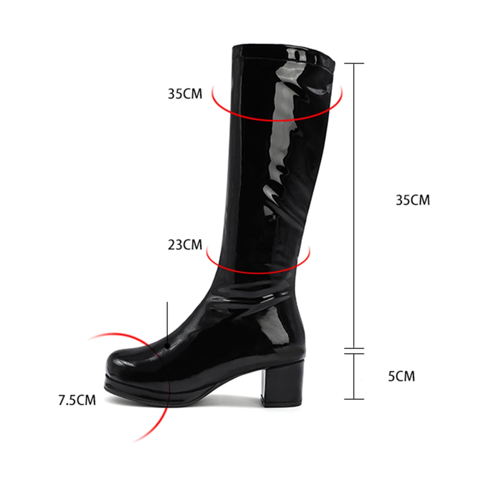 Botas Altas de Charol por la Rodilla para Mujer con Tacón Ancho, Botas Gogo Retro Años 60 70 para Disfraz Carnaval y Fiesta Temática, Negro/Blanco
