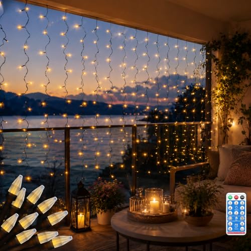 CERIAL Curtain Lights Indoor Outdoor Solar Fairy Lights 2M X 2M 200LEDs Diamond Hanging Backdrop Curtain Fairy Lights Solar Waterfall Wall Light with Remote Timer Waterproof for Window Roof Eaves