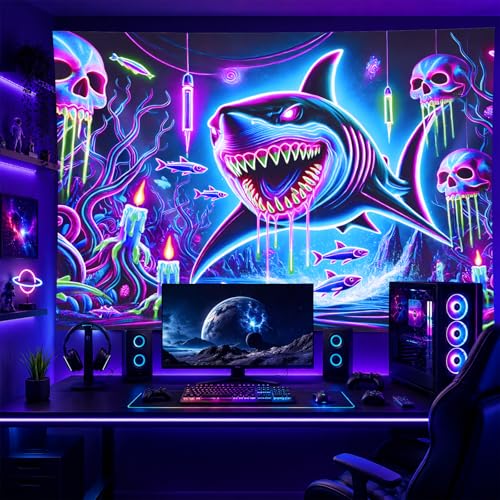 Image of BlissYard Blacklight Tapestry 78x59 Inch Neon Shark Glow in the Dark Wall Hanging Trippy Underwater Skull Scene UV Reactive Black Light Tapestry for Bedroom Party Dorm Decoration
