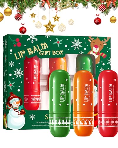 Christmas Lip Balm Set,3Pcs Natural Moisturize&Nourish Lip Balm,H...