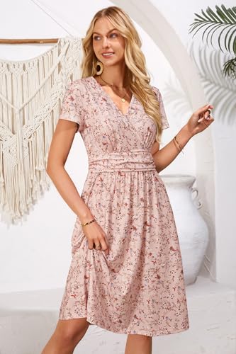 Image of OUGES Casual Summer Dress for Women Wrap V Neck A Line Midi Dresses with Pockets