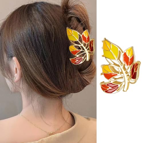 Fall Maple Leaf Hair Claw Clips - Strong Hold Thanksgiving Hair Grip Accessories - Gold Metal Jaw Clips with Orange Yellow Fallen Leaves for Women's Autumn Party Decor image 5