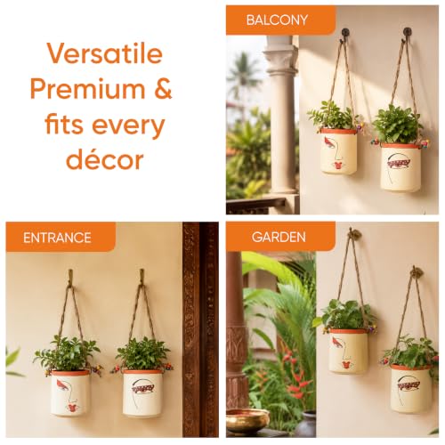 Image of AAKRITI ART CREATIONS Terracotta Handpainted Planters Set of 2 | Liza Design, Modern Art, White Matte Finish | Decorative Planters for Indoor & Outdoor Home Decor