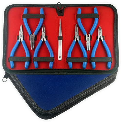 Juego de 7 alicates para hacer joyas PTL® Juego de 7 alicates redondos de cadena plana con nariz doblada de nailon para mandíbula, herramientas de prestigio, color azul Cover