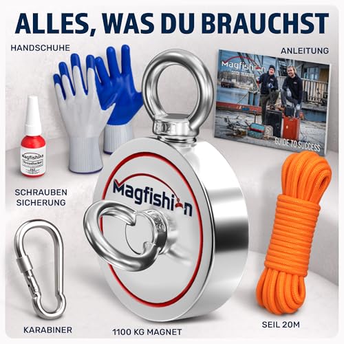 MAGFISHION Magnetfischen Set - 1100 KG (2 x 550kg) - Ø116mm - Neodym Magnet mit Seil (20M) & Handschuhe - Magnet Fischen Angel - Ösenmagnet - Fishing Magnetangel - Magnetangeln Set