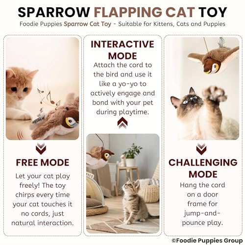 Image of Foodie Puppies Interactive 3 Mode Flapping Wings Bird Cat Toy with Catnip - (Flapping Sparrow) for Cats & Kittens I Touch Activated, Rechargeable, Chirping Sparrow Sound Plush Toys for AduIt Bored Cat