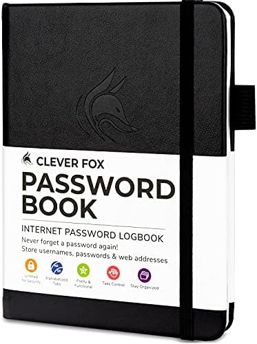 Clever Fox Password Book with tabs. Internet Address and Password Organizer Logbook with alphabetical tabs. Small Pocket Size Password Keeper Journal Notebook for Computer & Website Logins (Black)