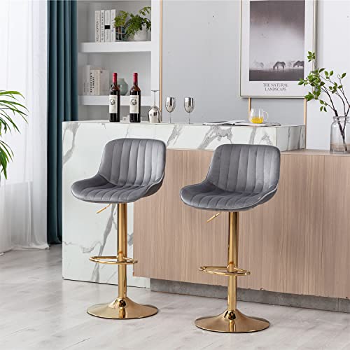 I-Pook Swivel Bar Stools Set Of 2, Modern Velvet Tufted Upholstered Bar Chairs With Chrome Footrest And Base Height Adjustable Mechanical Lifting Bar Stools For Living Room Kitchen Pub, Grey #TOP2