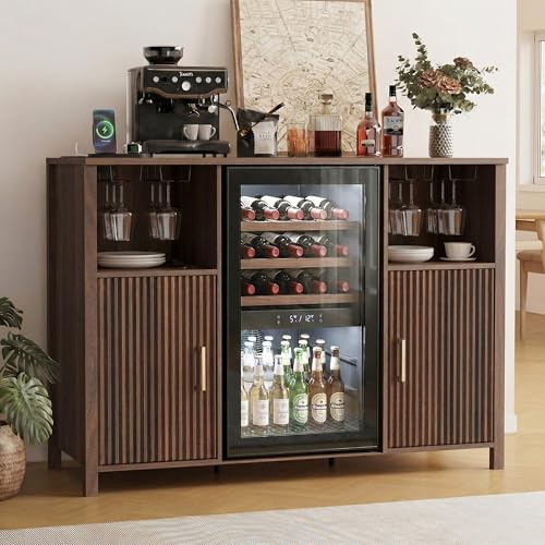 53'' Large Coffee Bar Cabinet with Power Outlet, Mini Fridge Cabinet with Adjustable Shelf Glass Holder, Liquor Wine Bar Storage, Fluted Buffet Sideboard Table for Kitchen Dining Room, Walnu