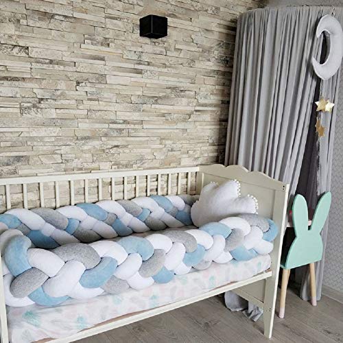 Bettumrandung Kinderbett Baby Krippe Baby Nestchen Weben Stützkissen Kantenschutz Kopfschutz für Babybett 4 Weben Bettausstattung Kinderbett Stoßstang Grau+Weiß+Blau 157inch