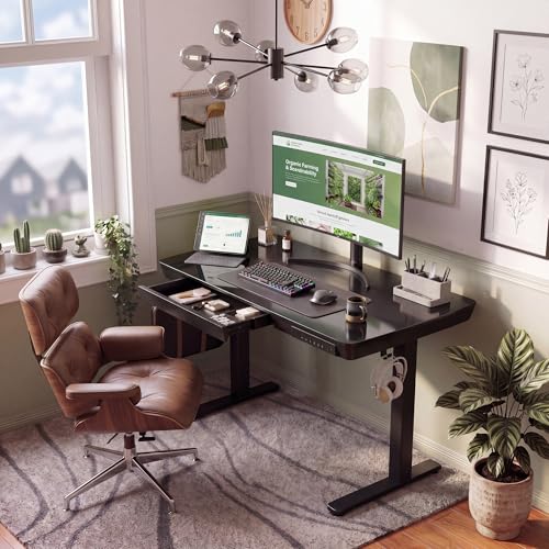 Image of INNOVAR 40 inch Small Glass Standing Desk with Drawers & USB Ports, Whole-Piece Glass Top Adjustable Height Desks, Quick-Install Electric Sit-Stand Up Desk for Home Office & Computer Workstation, Black