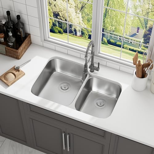 JoviPrime 32 Inch 60/40 Double Bowl Undermount Kitchen Sink 18 Gauge Stainless Steel Brushed Nickel Sinks with Basket Strainer 32
