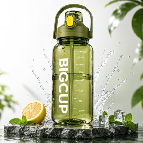 Image of Plastic Big Water Bottle 2.6 Liter with Straw Clear Motivational Time Marker Drink XL Jug with Handle for Sports Gym-Black (GREEN)
