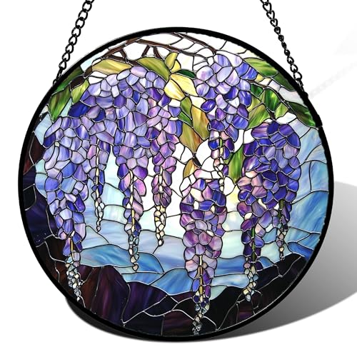 Stained Glass Window Hanging, Wisteria Flower Sun Catcher for Door Home Decor Purple and Blue Suncatcher Christmas Mother's Day Birthday Gifts for Women Men Mom and Nana 15 in